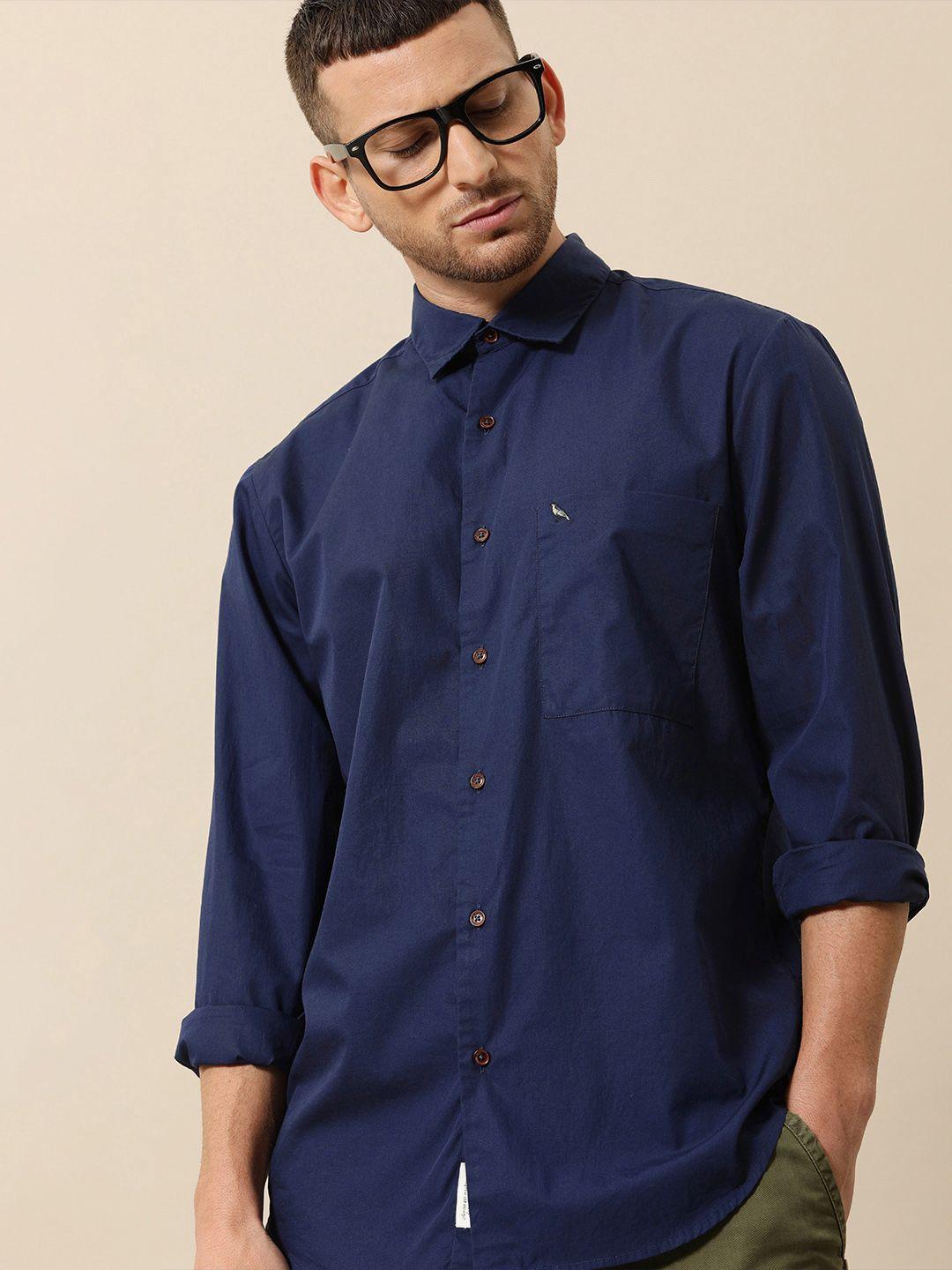 mr bowerbird men navy blue solid tailored fit casual shirt