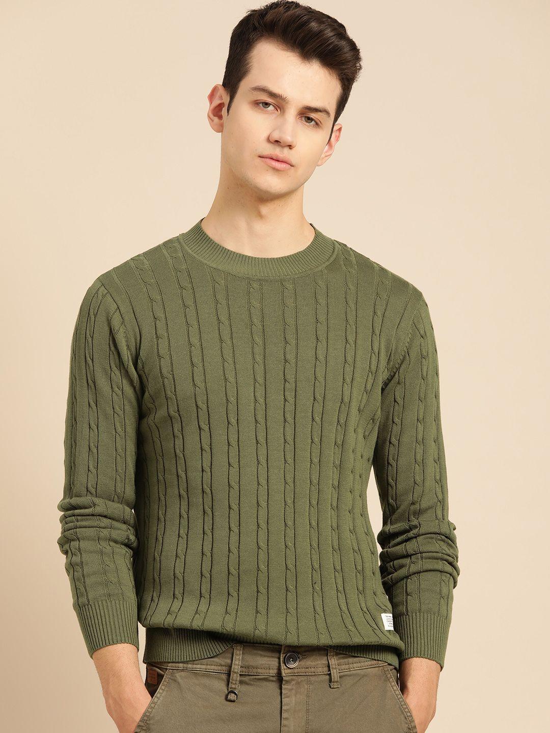 mr bowerbird men olive green self design pure cotton pullover sweater