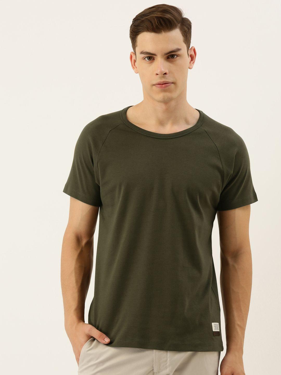 mr bowerbird men olive green solid round neck pure cotton t-shirt