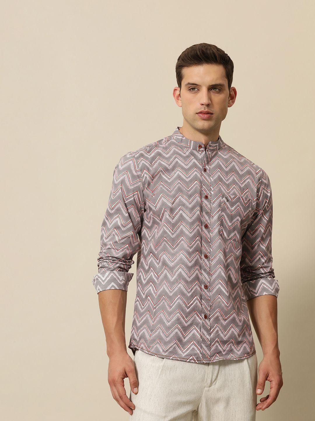 mr bowerbird pure cotton tailored fit hand block chevron printed casual shirt