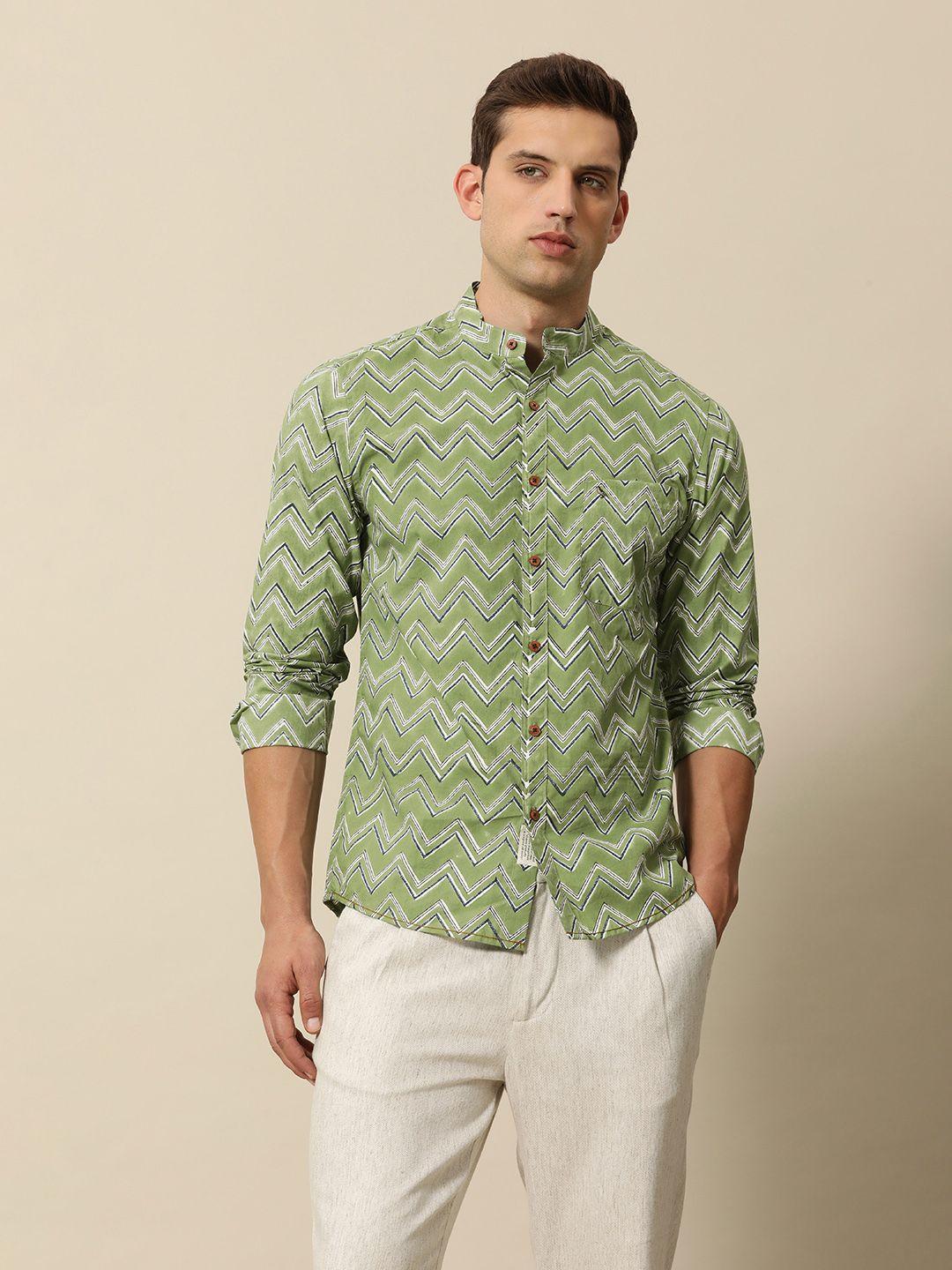 mr bowerbird pure cotton tailored fit hand block chevron printed casual shirt