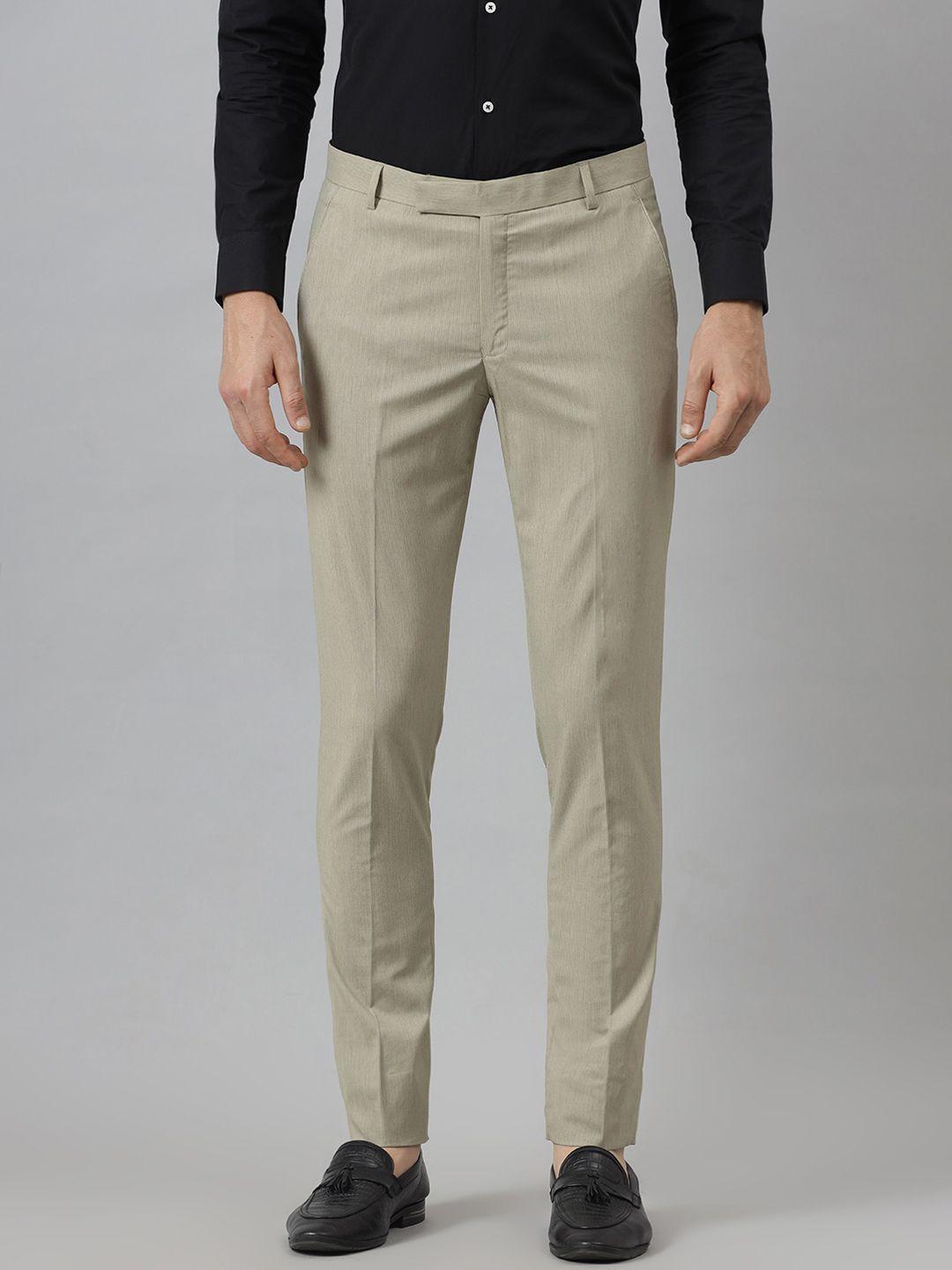 mr button men beige slim fit pleated trousers