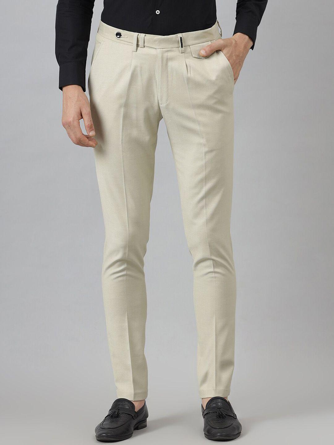 mr button men beige slim fit pleated trousers