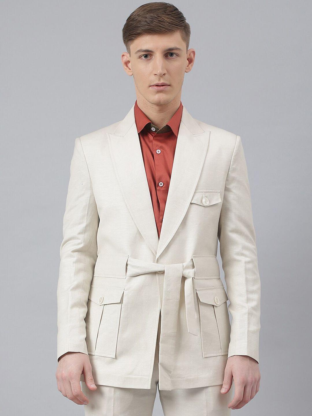 mr button men beige solid single breasted blazers