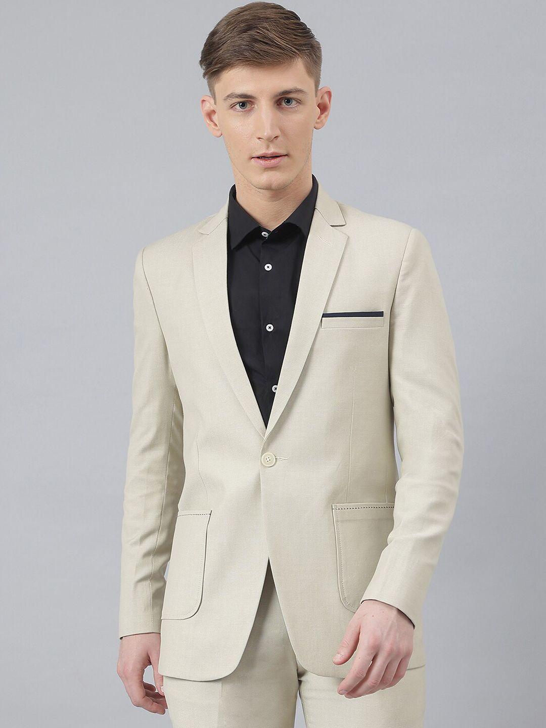 mr button men beige solid slim fit single-breasted blazer