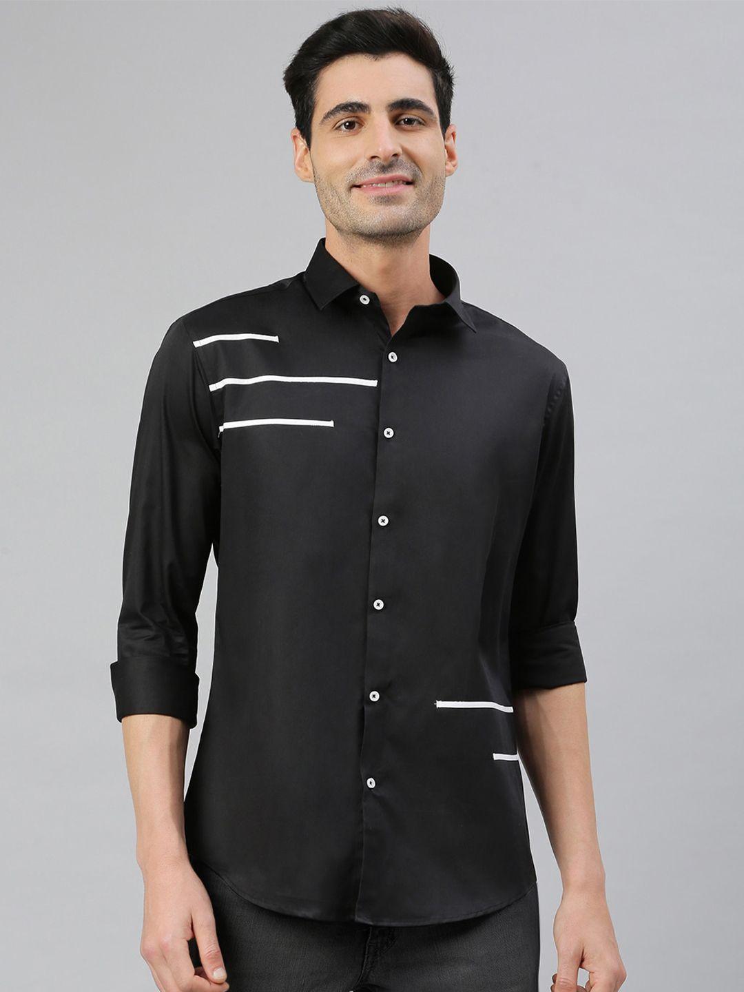 mr button men black & white smart slim fit striped cotton casual shirt
