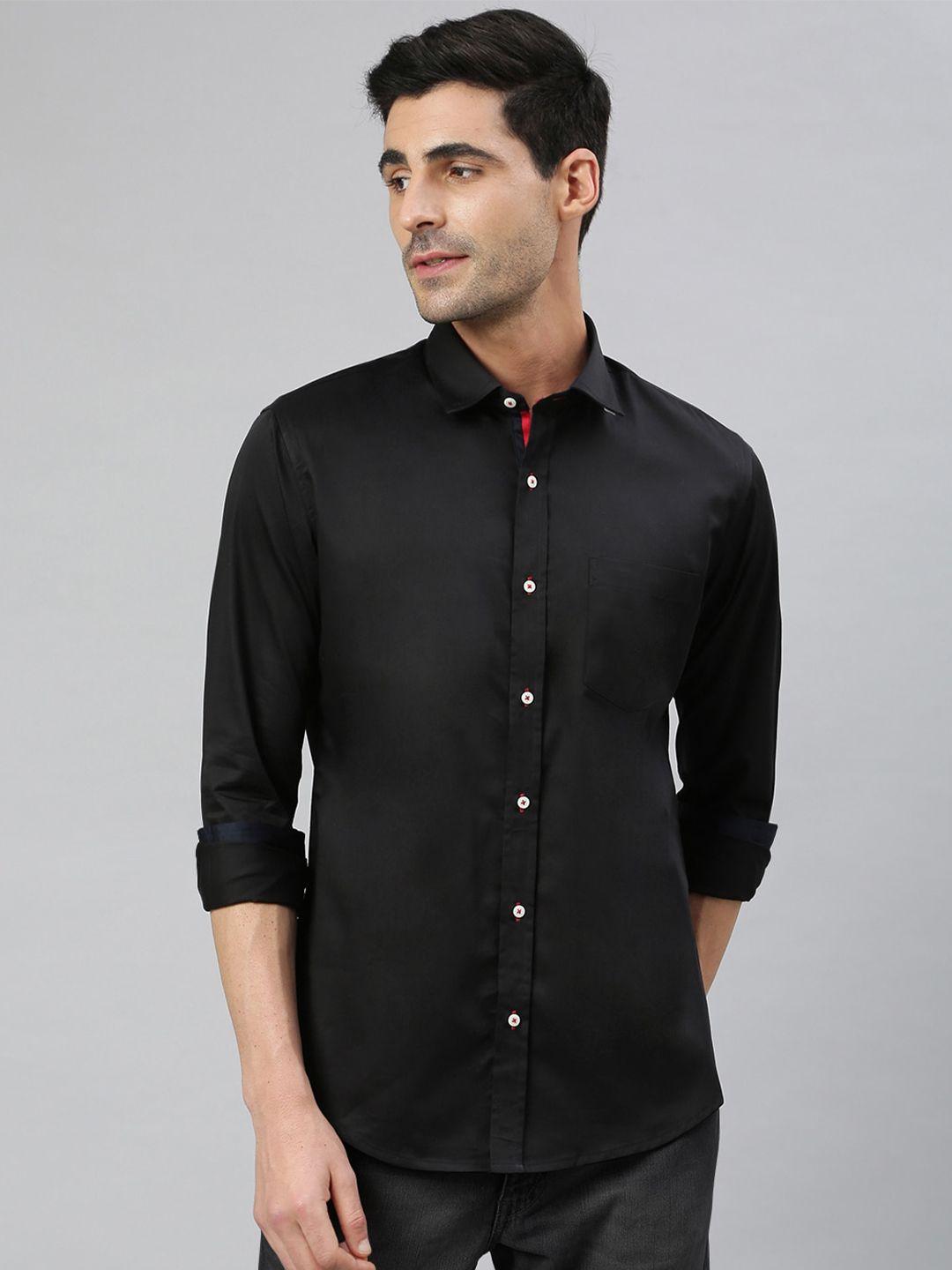 mr button men black smart slim fit cotton casual shirt