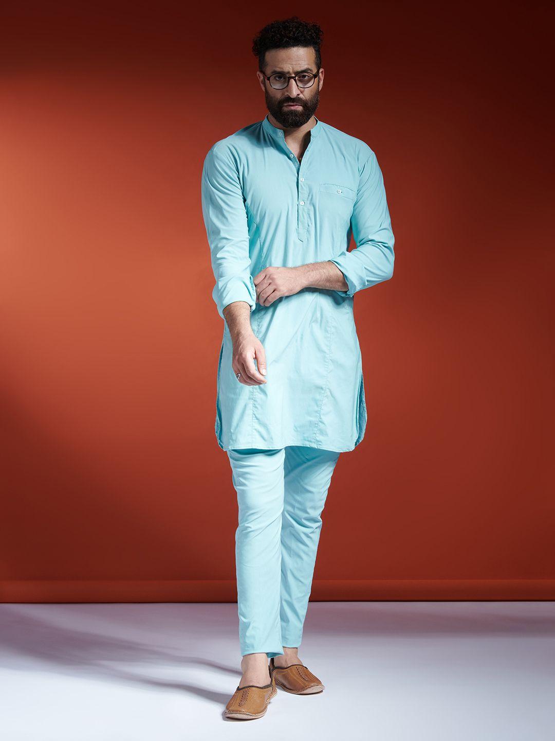 mr button men blue pure cotton kurta with trouser