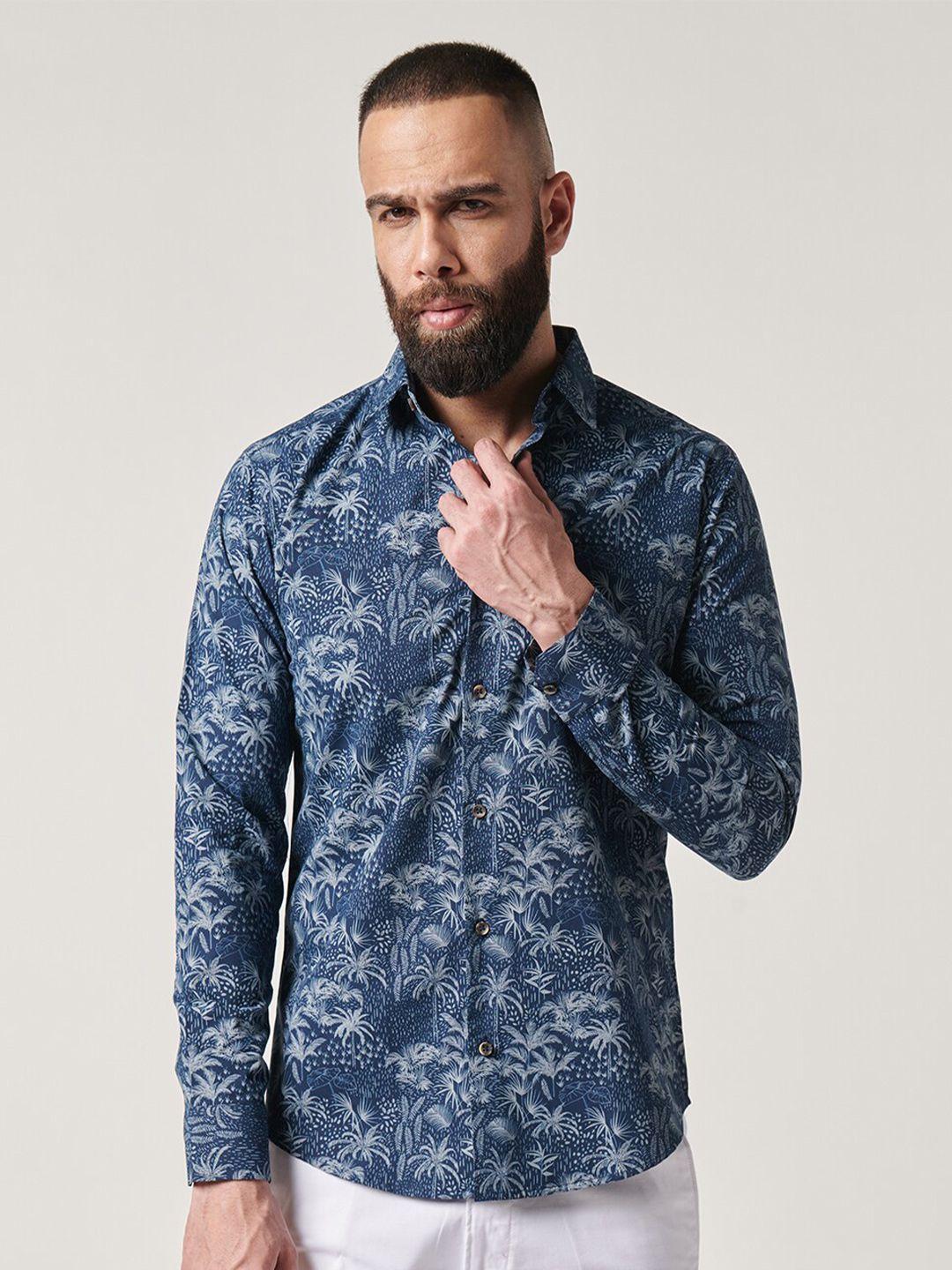 mr button men blue slim fit floral opaque printed casual shirt