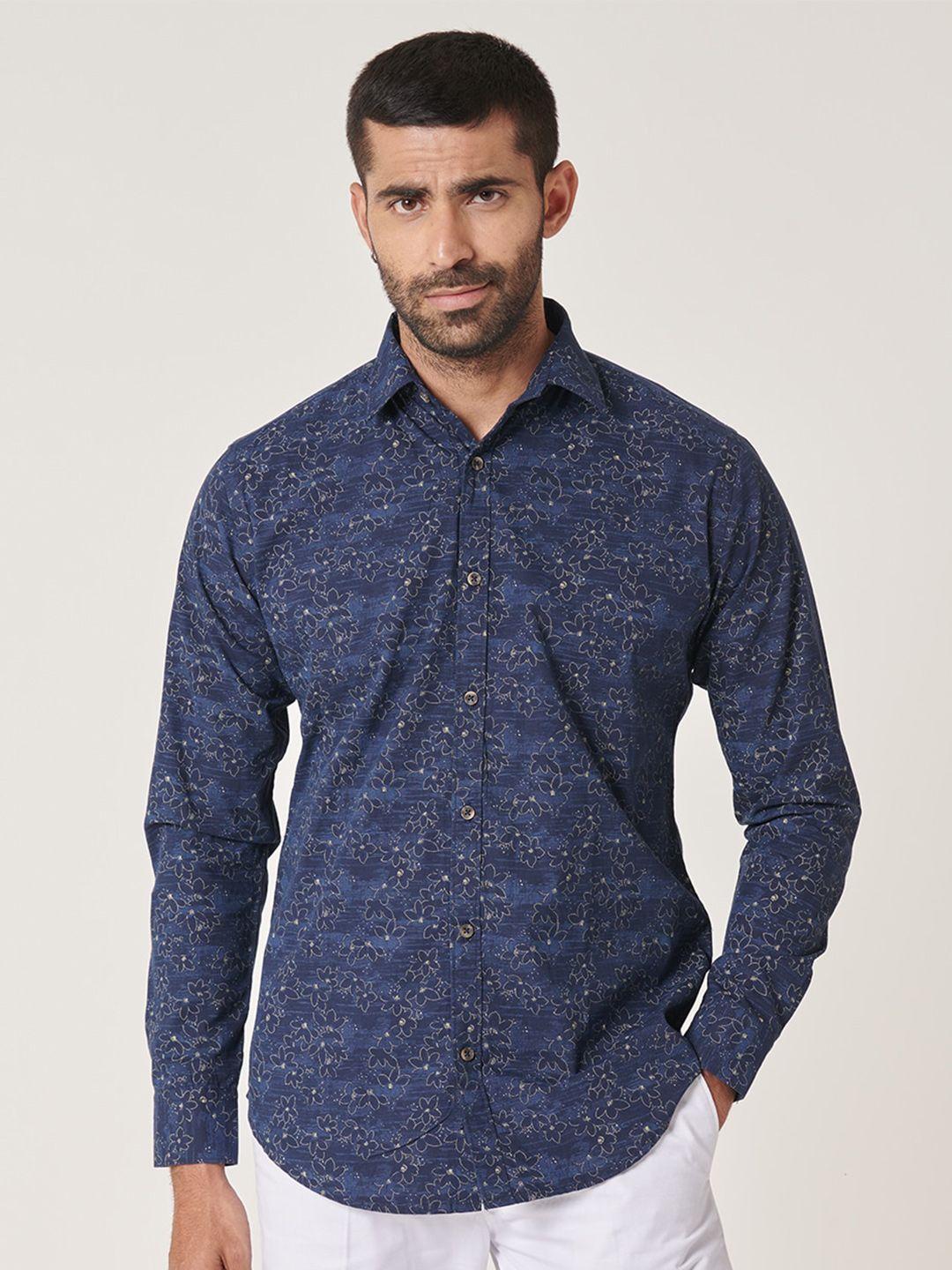 mr button men blue slim fit floral opaque printed casual shirt