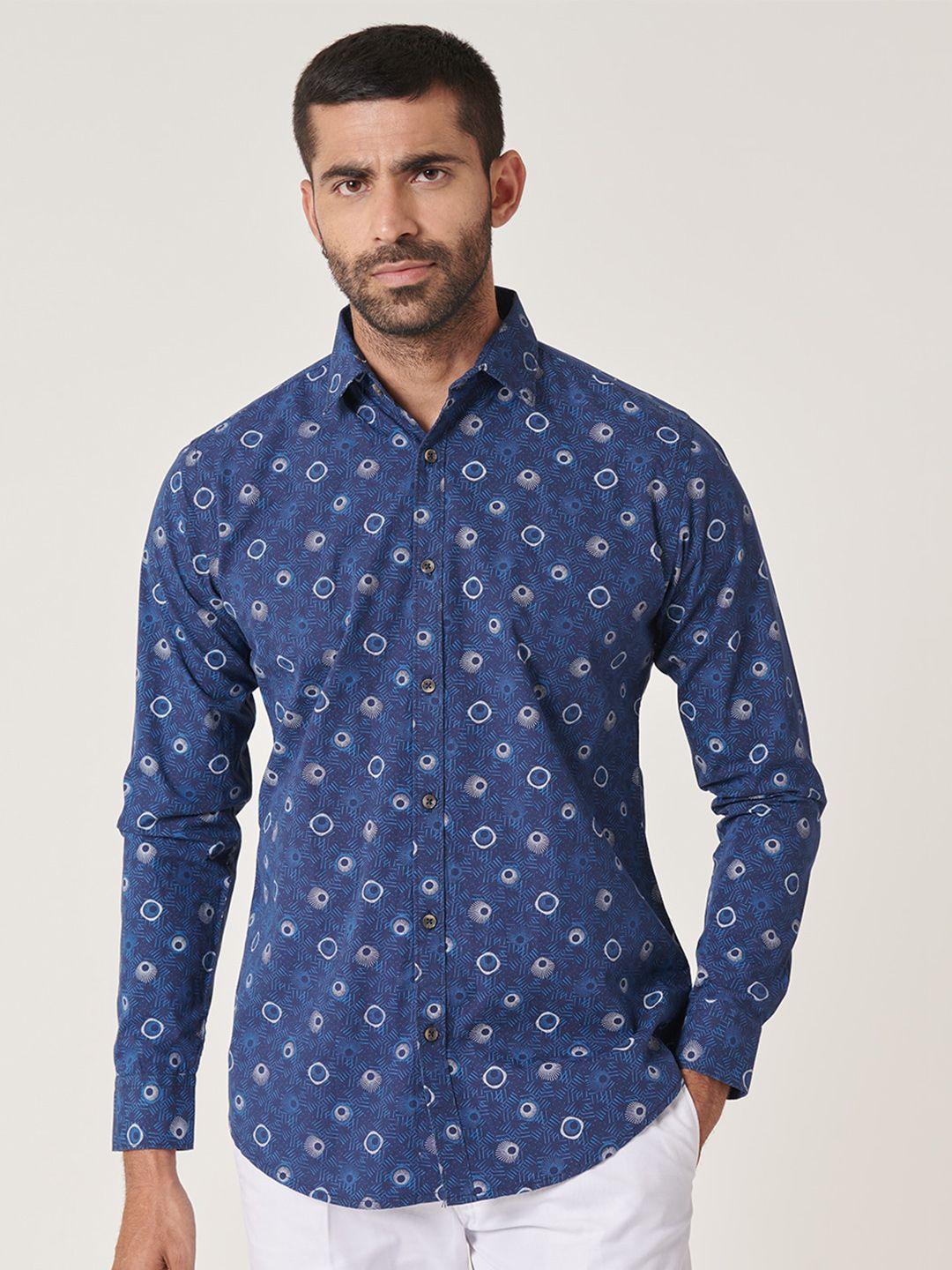 mr button men blue slim fit floral opaque printed casual shirt