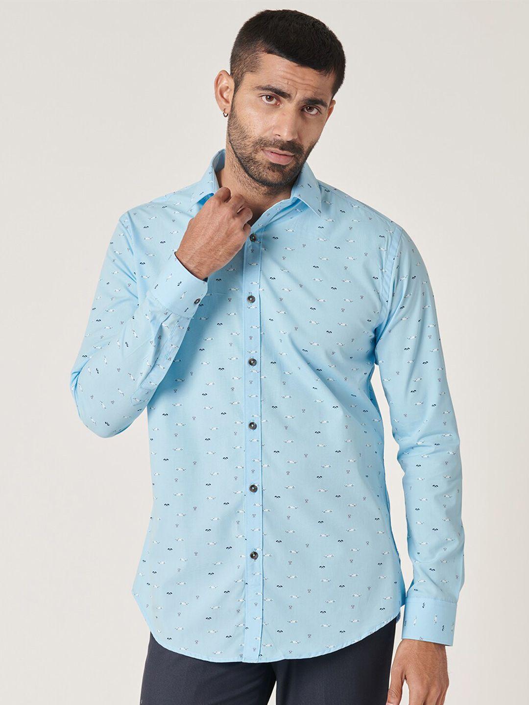 mr button men blue slim fit opaque printed casual shirt
