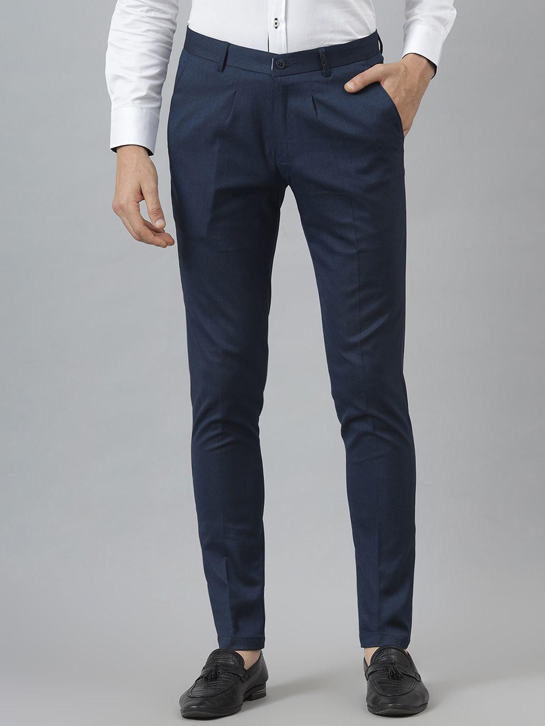 mr button men blue slim fit pleated trousers