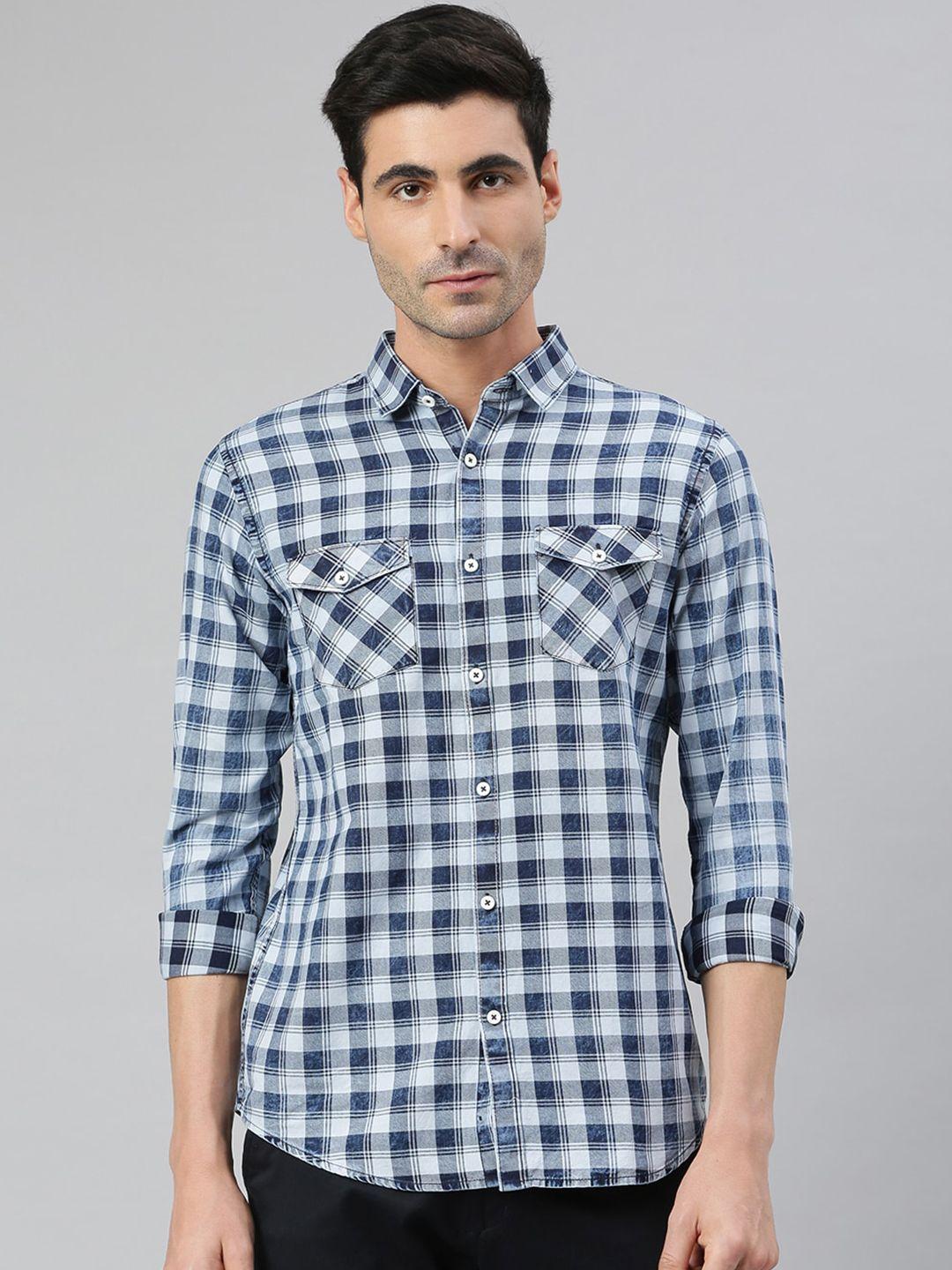 mr button men blue smart slim fit checked cotton casual shirt