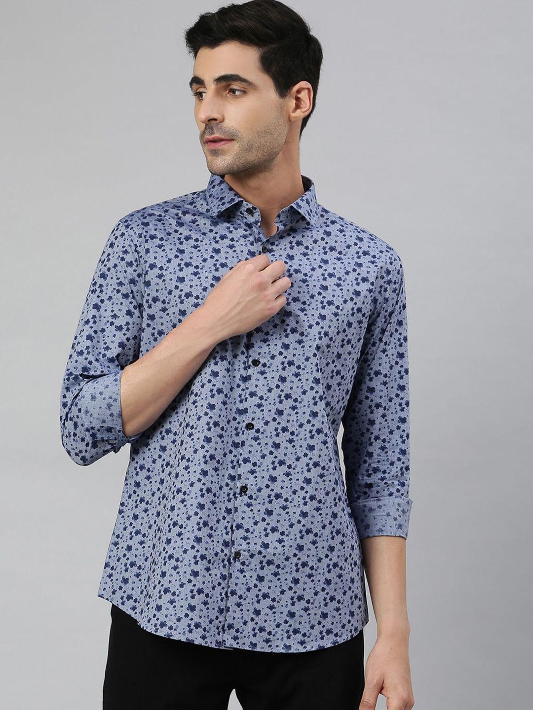 mr button men blue smart slim fit floral printed casual shirt