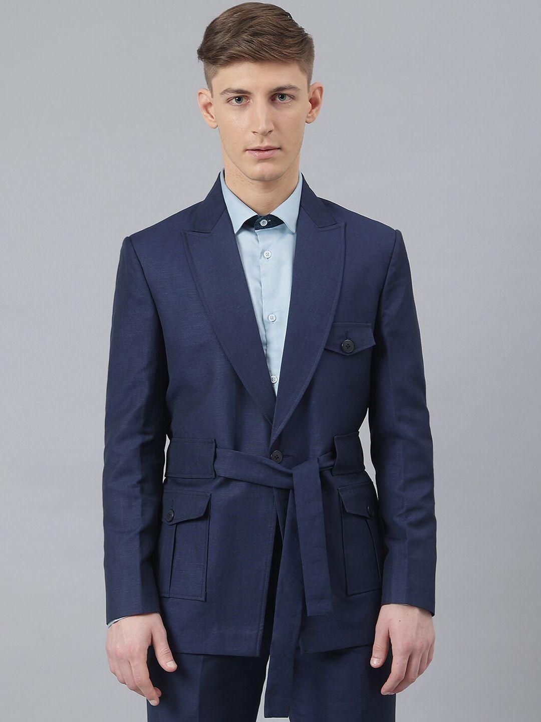 mr button men blue solid single breasted slim-fit blazers