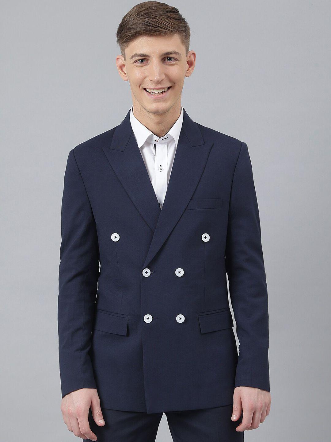 mr button men blue solid slim-fit double breasted formal blazer