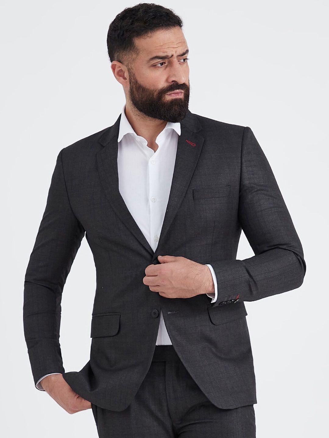 mr button men charcoal grey checked single breasted slim-fit formal blazer