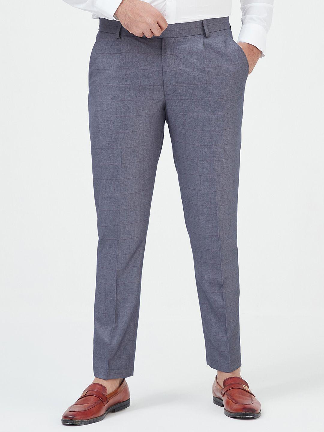 mr button men checked mid-rise slim fit trousers