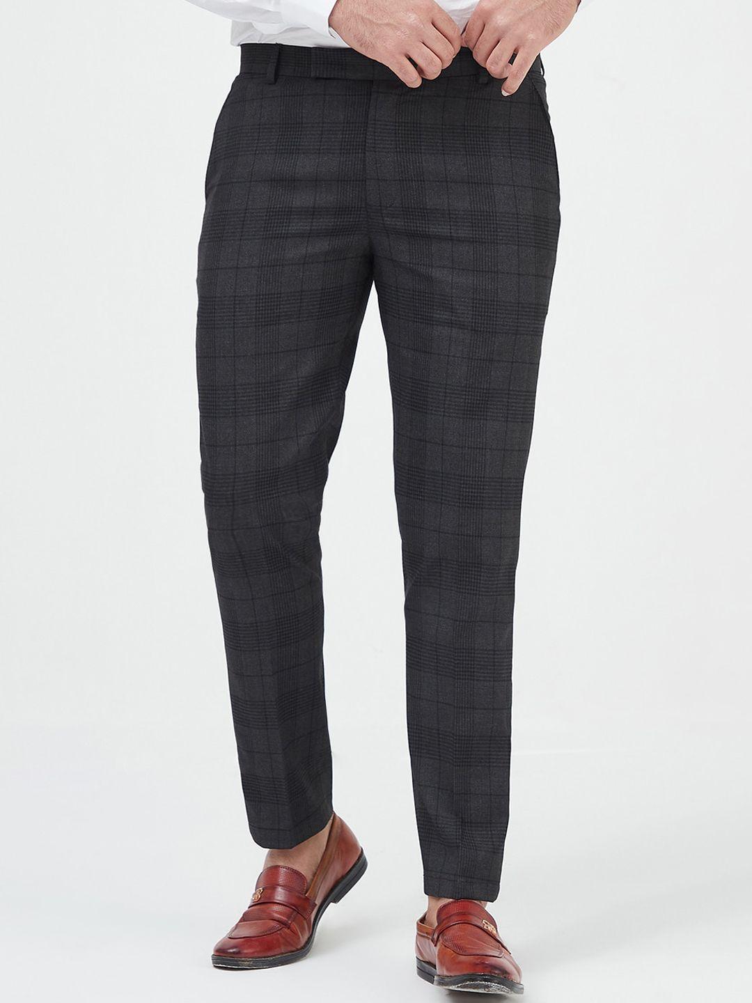 mr button men checked slim fit mid-rise formal trousers