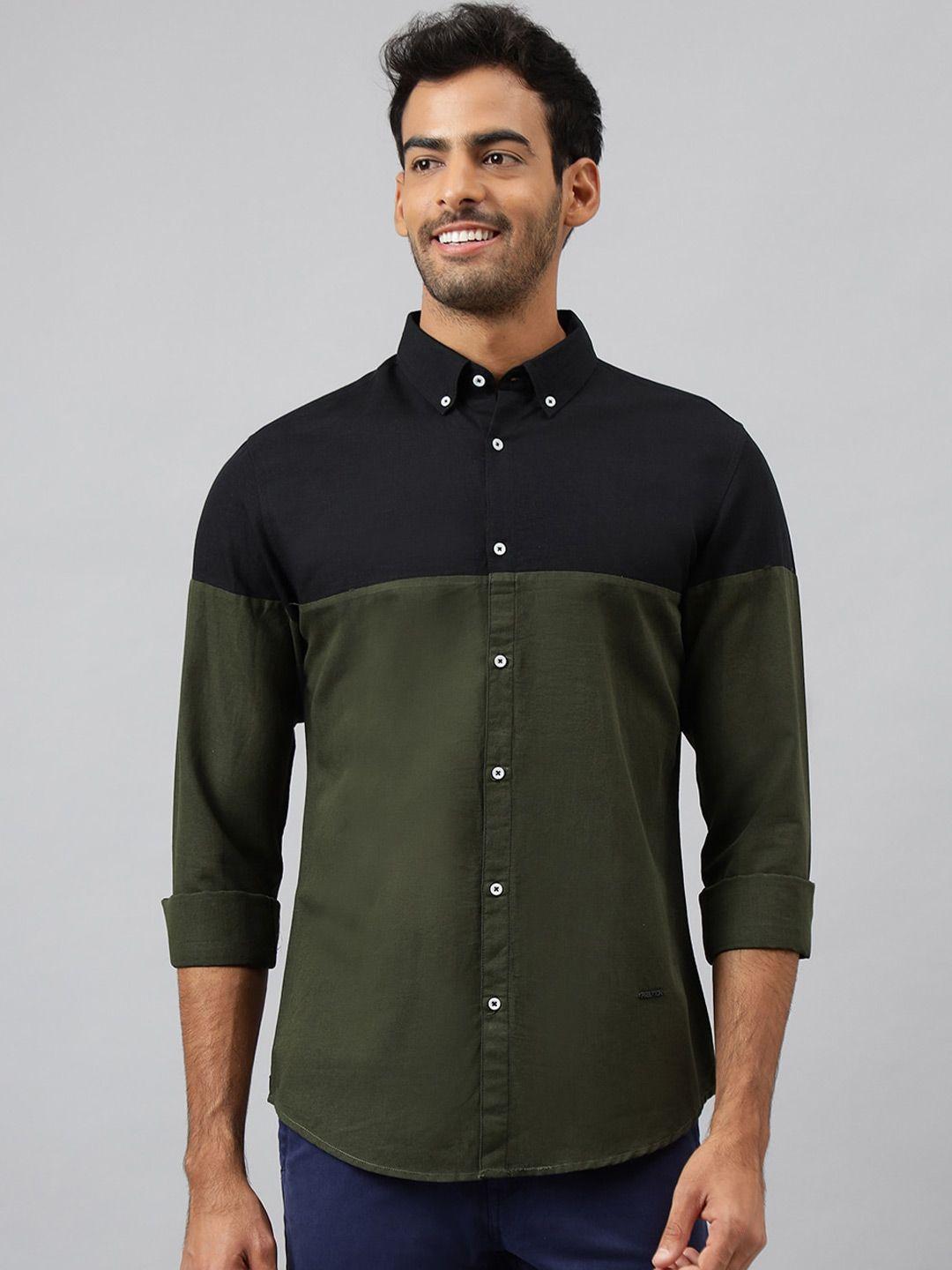 mr button men green slim fit colourblocked casual shirt