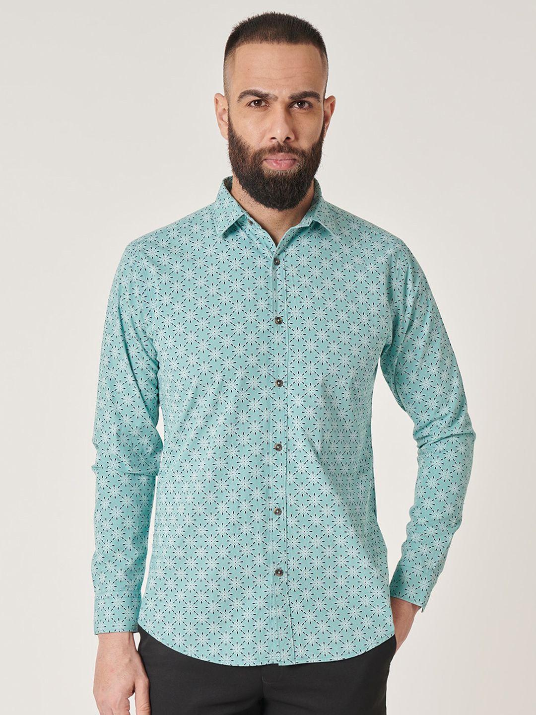 mr button men green slim fit floral opaque printed casual shirt