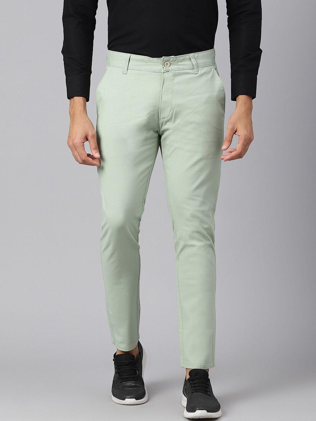 mr button men green slim fit solid trousers