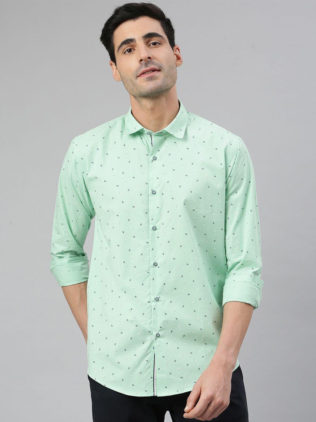 mr button men green smart slim fit printed casual shirt
