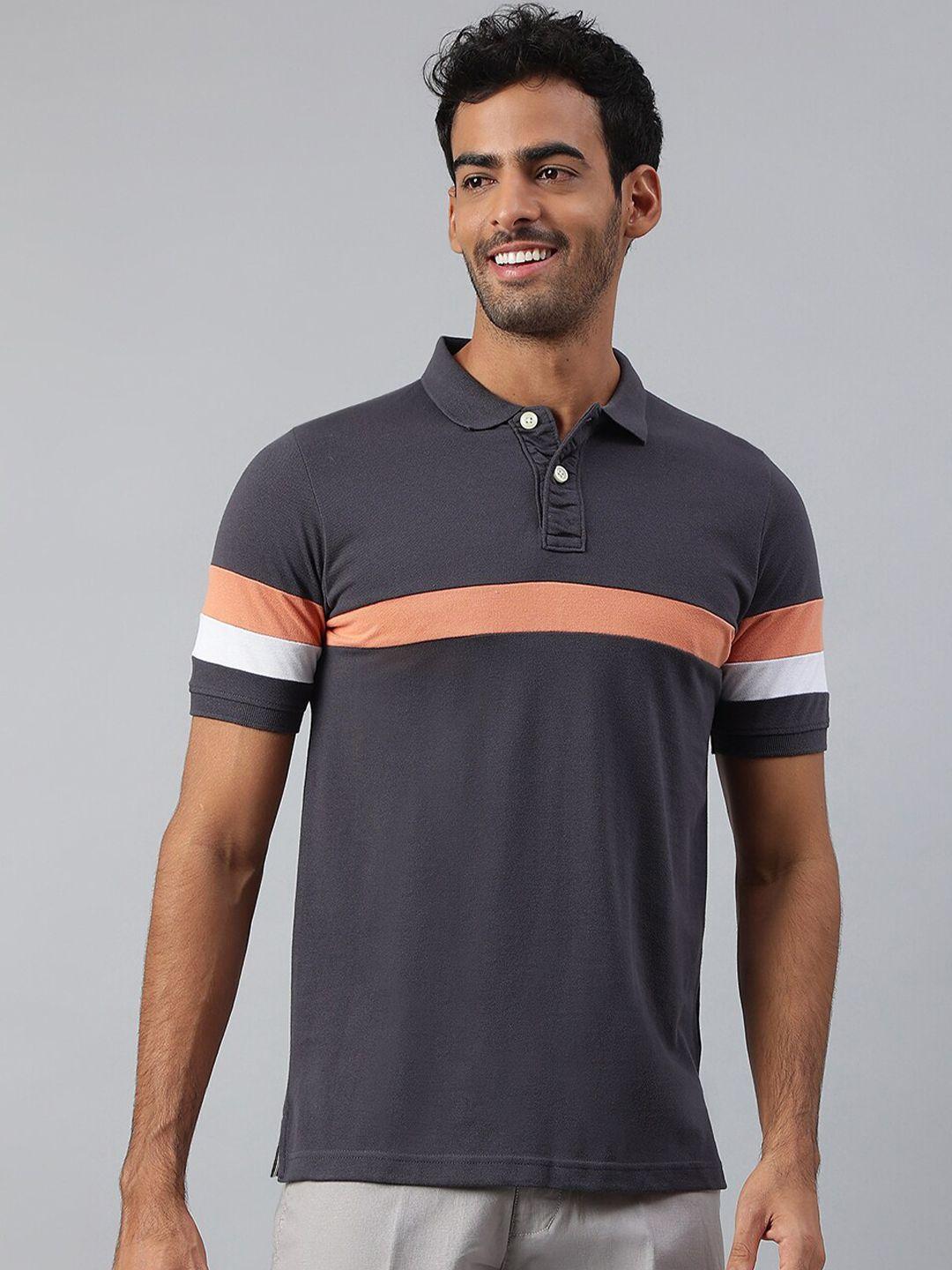 mr button men grey & peach-coloured striped polo collar slim fit t-shirt