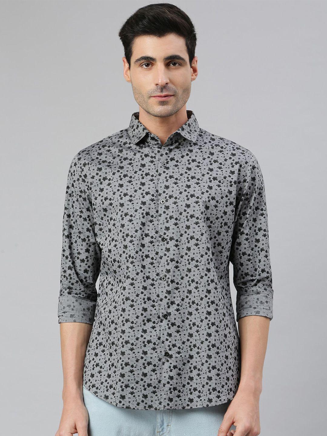 mr button men grey smart slim fit floral printed casual shirt