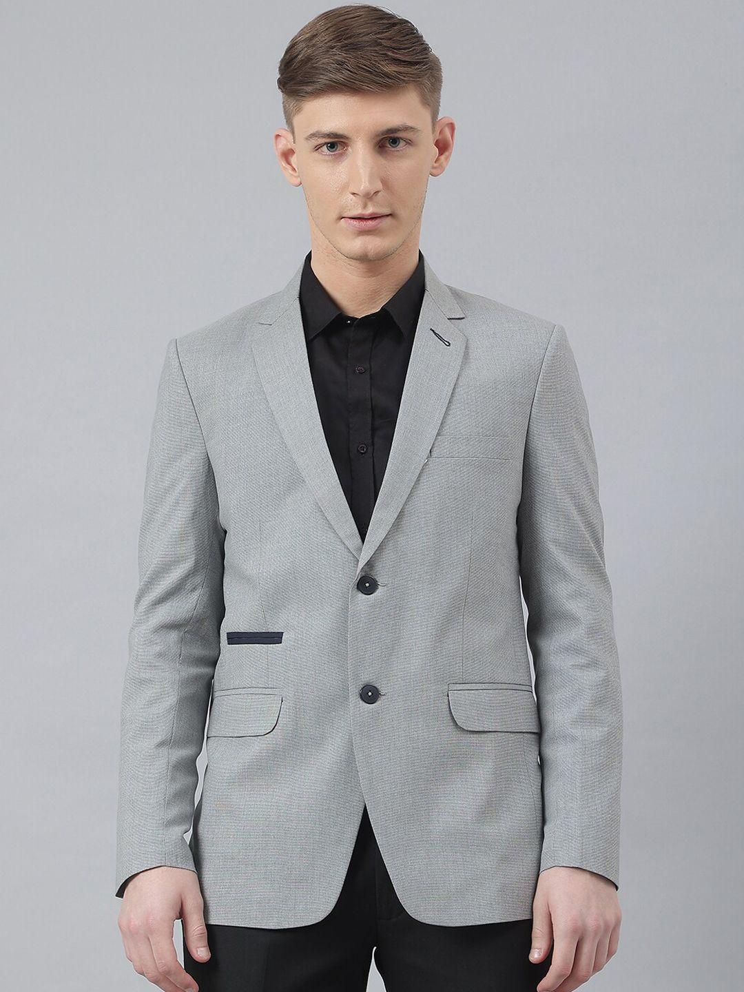 mr button men grey solid slim fit single breasted formal blazer