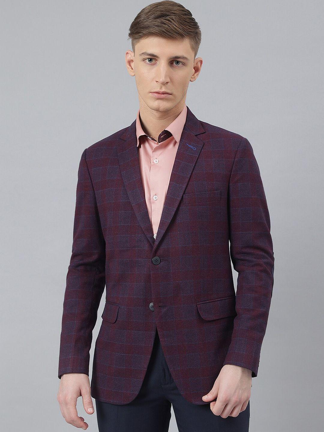 mr button men maroon slim fit checked single-breasted blazer