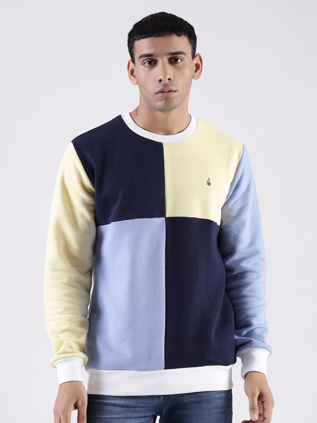 mr button men navy blue colourblocked cotton sweatshirt