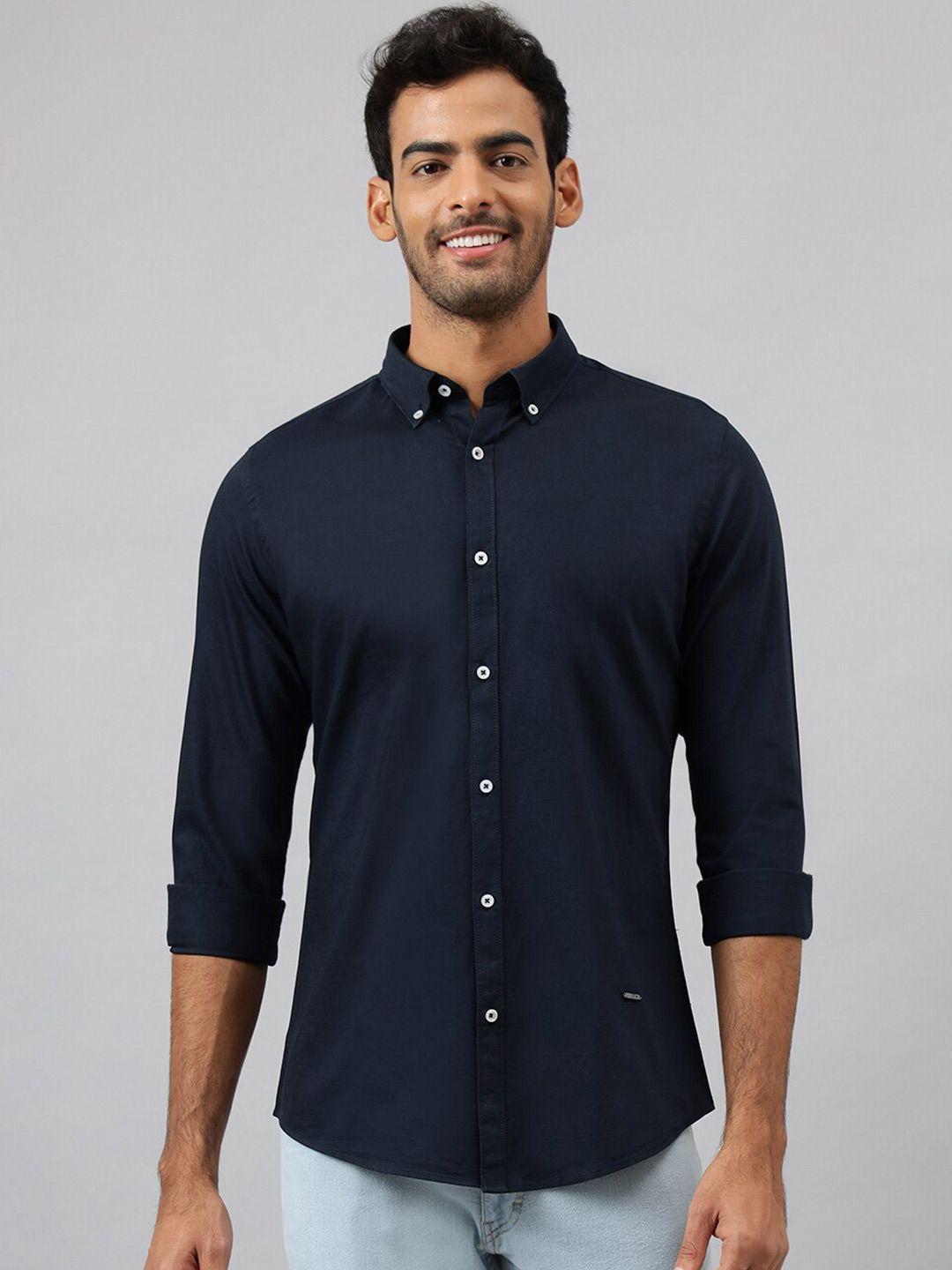 mr button men navy blue solid slim fit cotton casual shirt