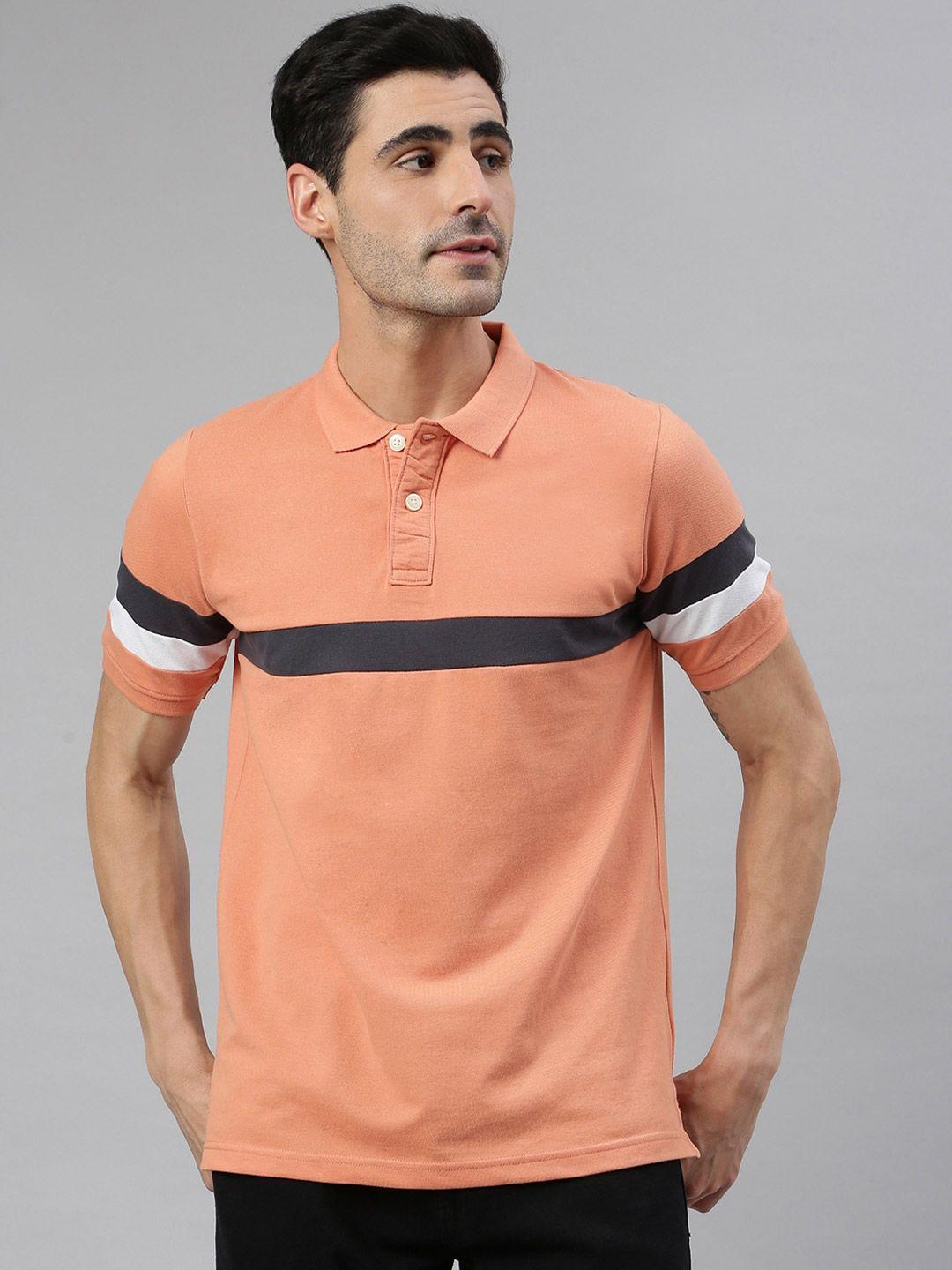 mr button men orange colourblocked polo collar slim fit t-shirt