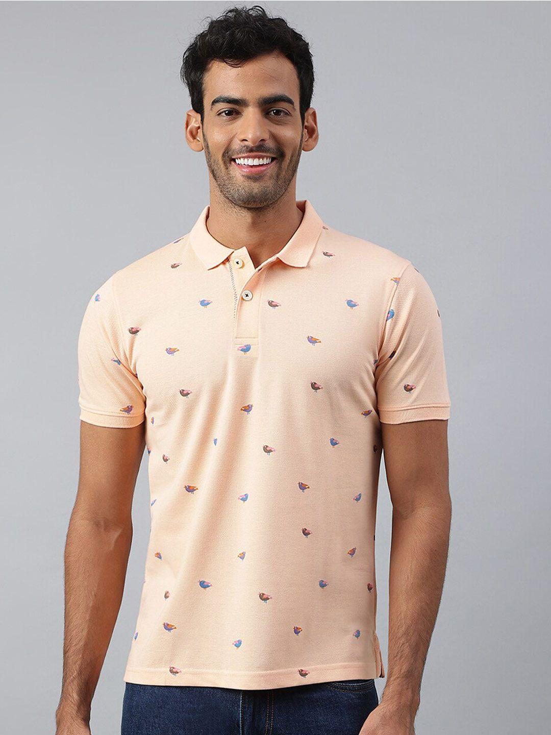 mr button men peach-coloured printed polo collar slim fit t-shirt