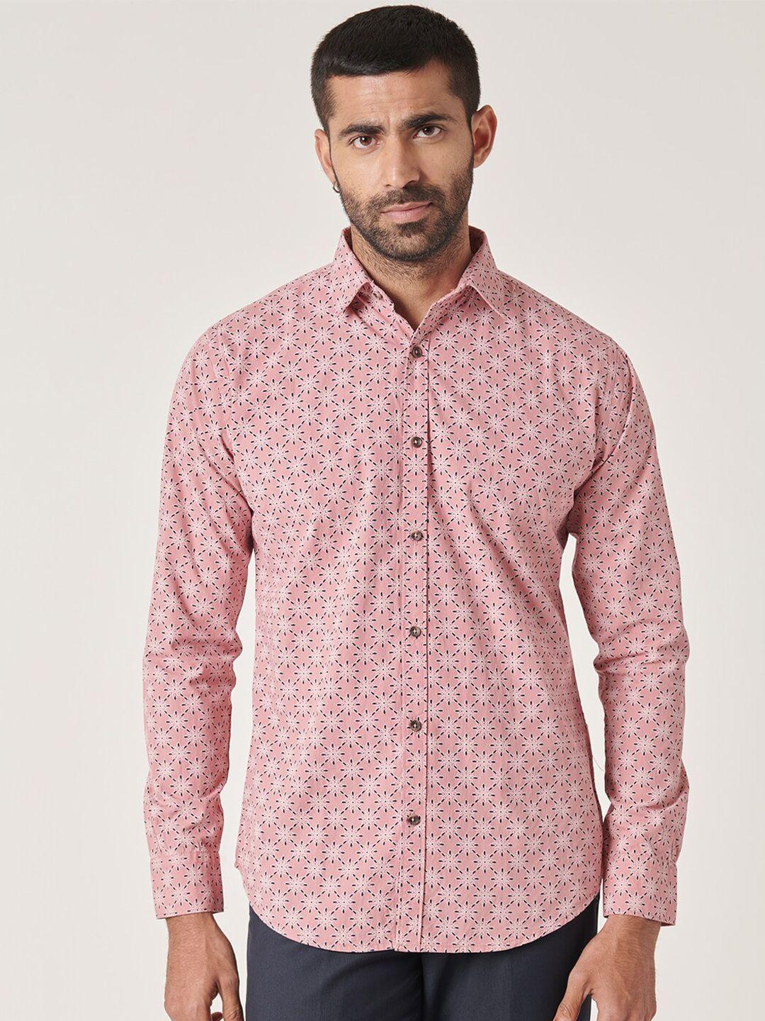 mr button men pink slim fit floral opaque printed casual shirt