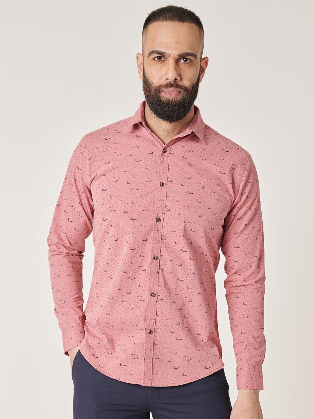 mr button men pink slim fit opaque printed casual shirt