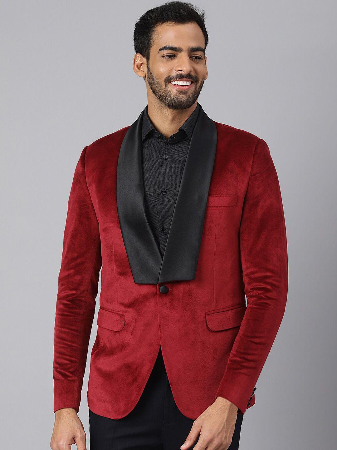 mr button men red solid slim fit single breasted blazer
