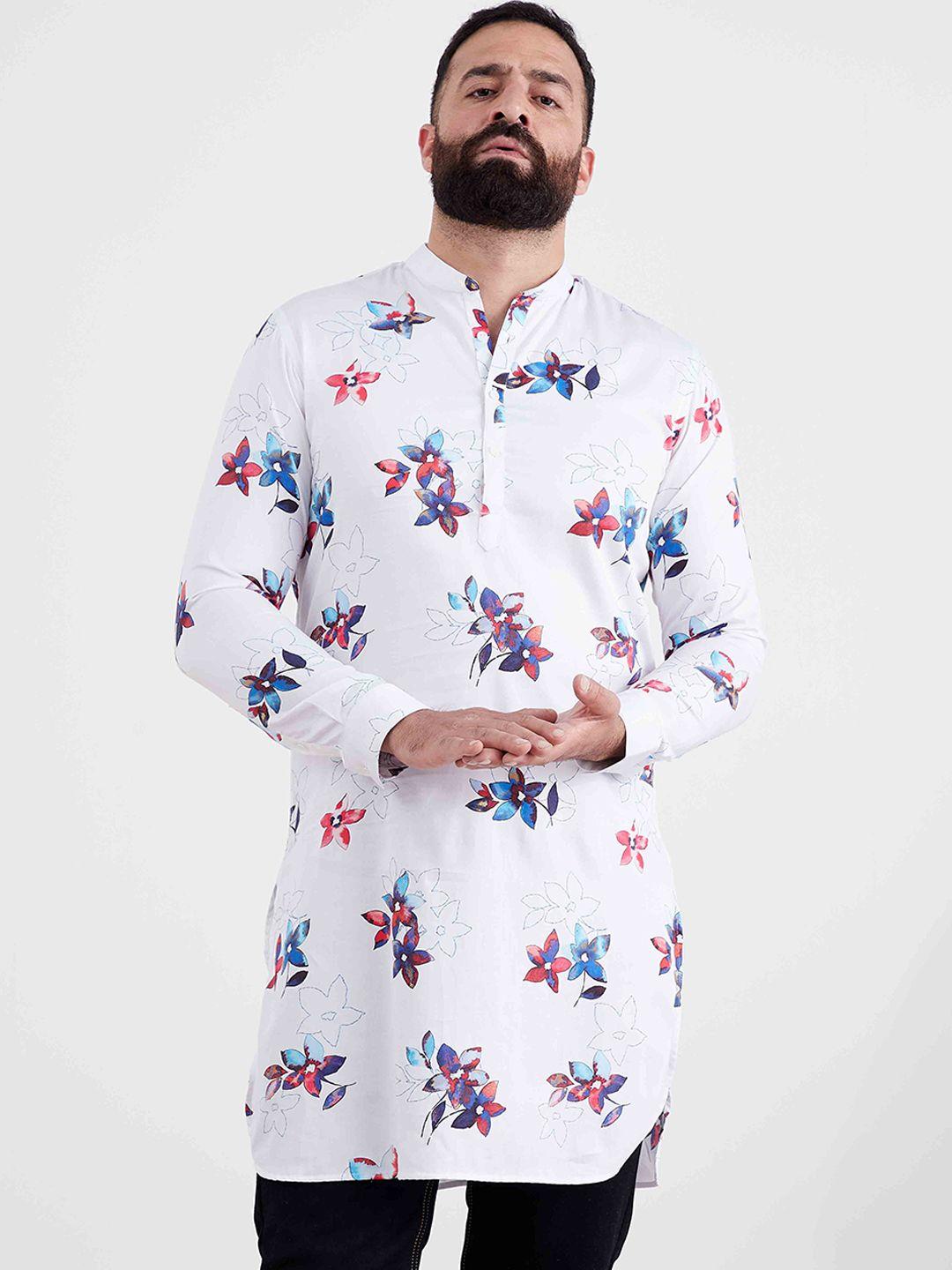 mr button men white floral printed kurta