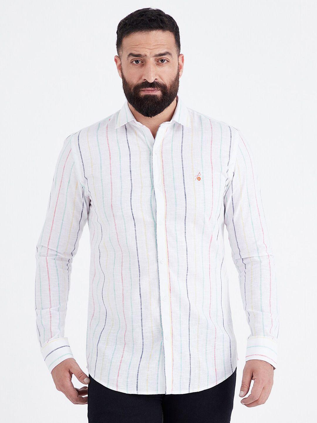 mr button men white slim fit striped casual shirt