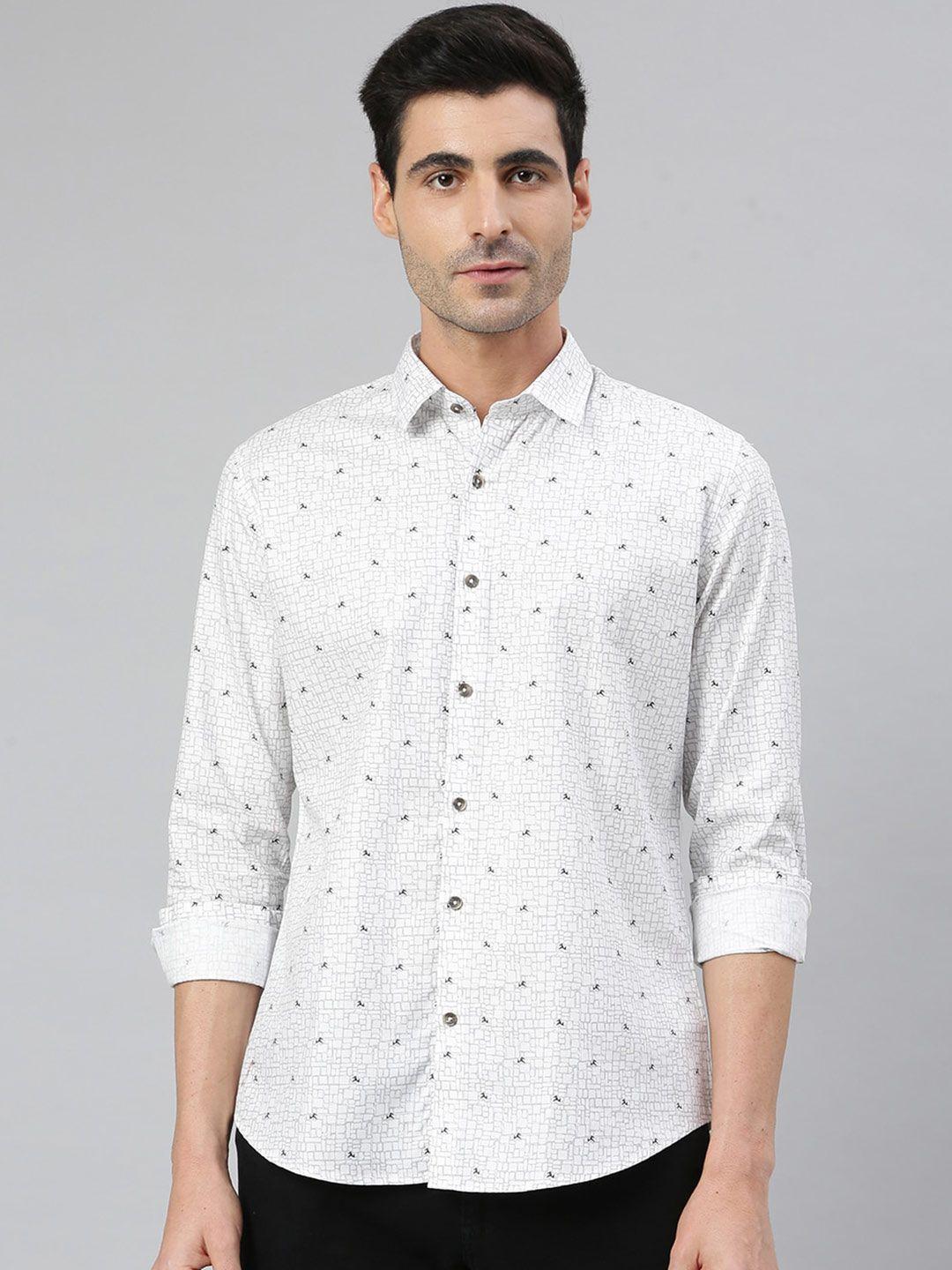 mr button men white smart slim fit printed cotton casual shirt