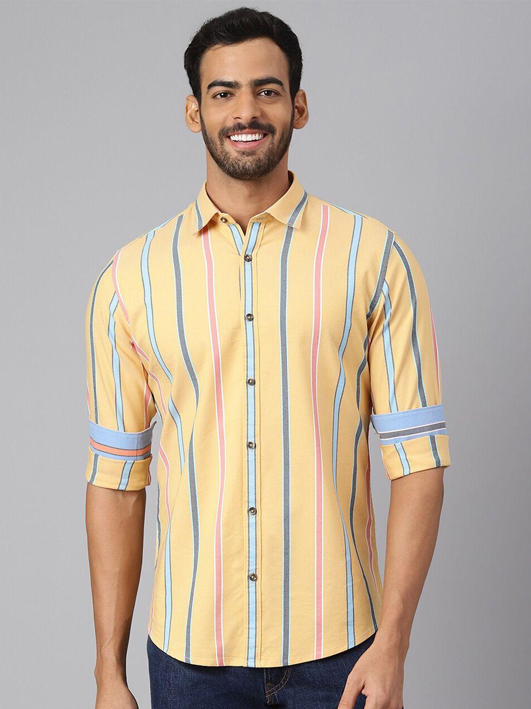 mr button men yellow slim fit striped cotton casual shirt
