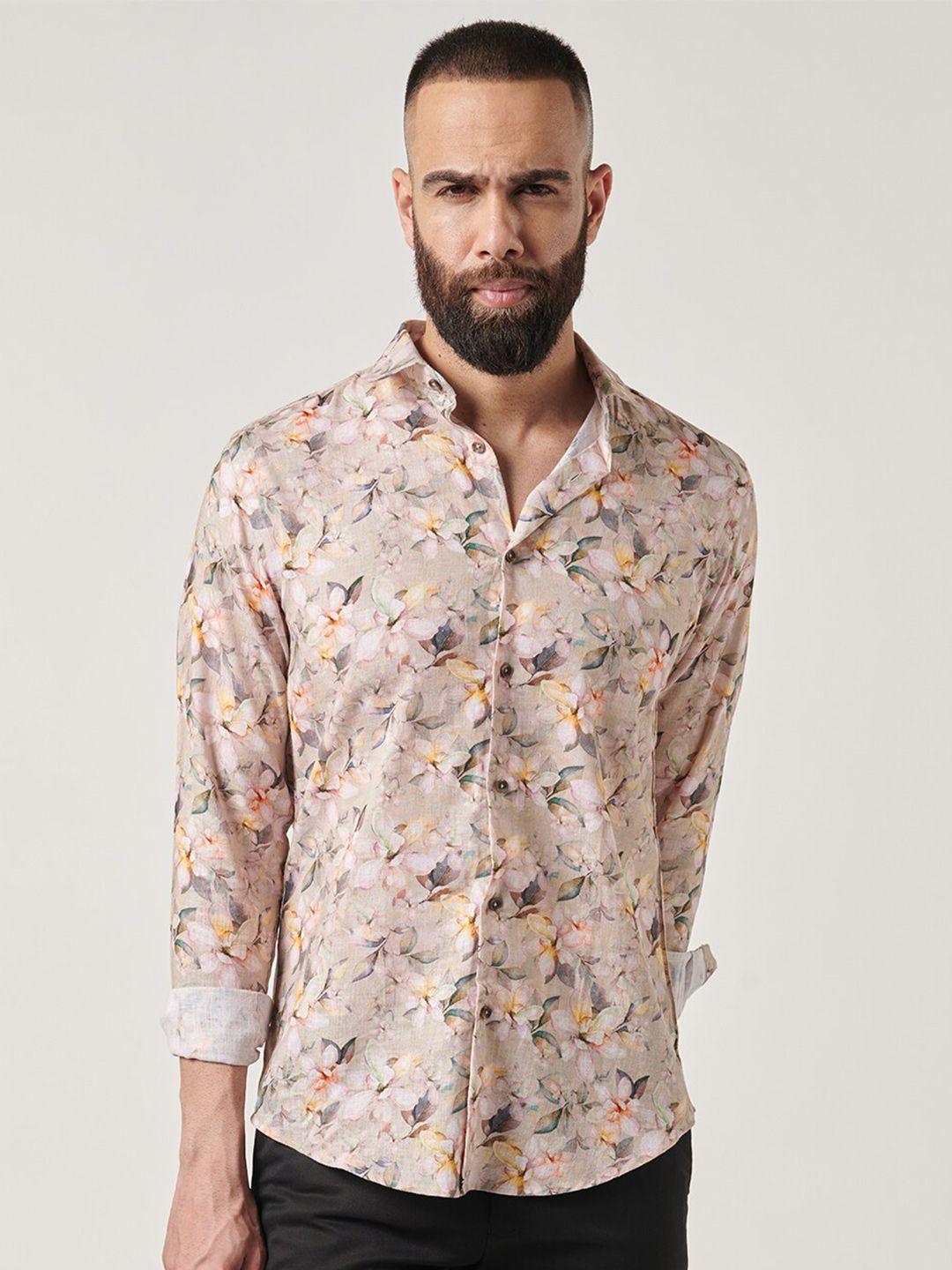 mr button slim fit floral printed cotton linen casual shirt