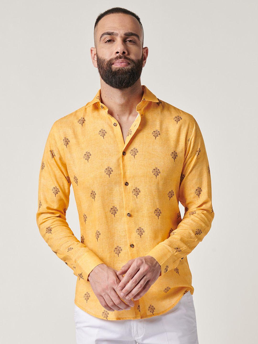 mr button slim fit floral printed cotton linen casual shirt