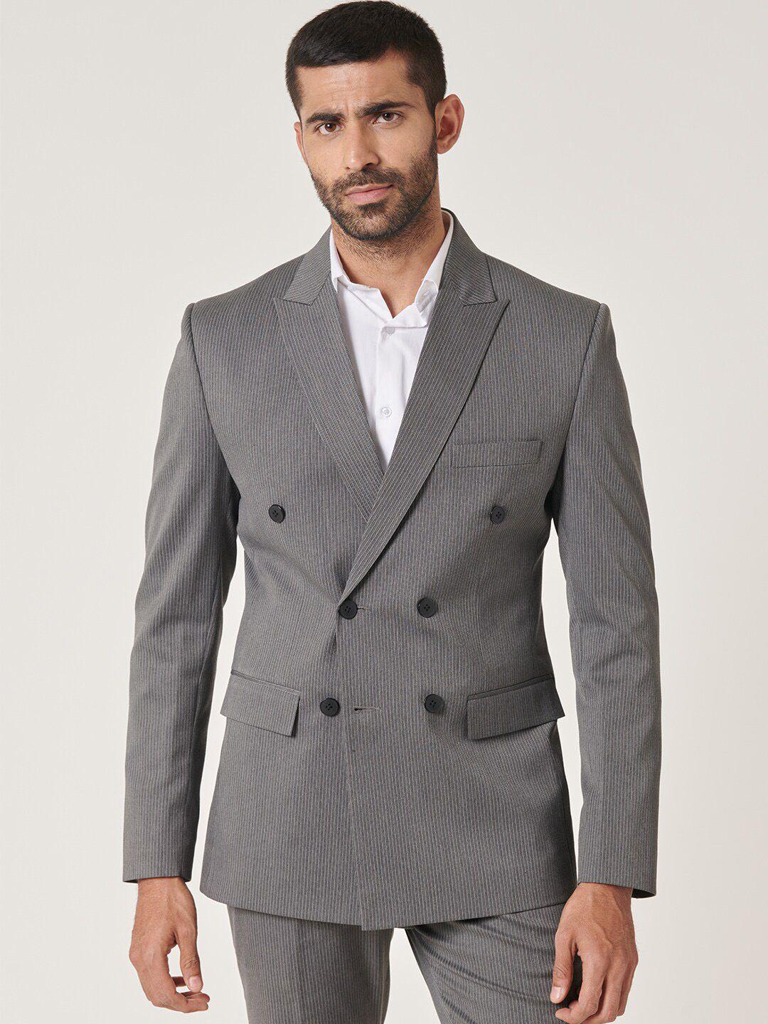 mr button striped slim-fit peaked lapel collar double breasted blazer