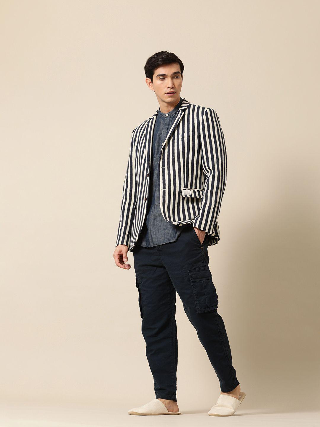 mr. bowerbird tailored-fit self-striped pure cotton single breasted casual blazer