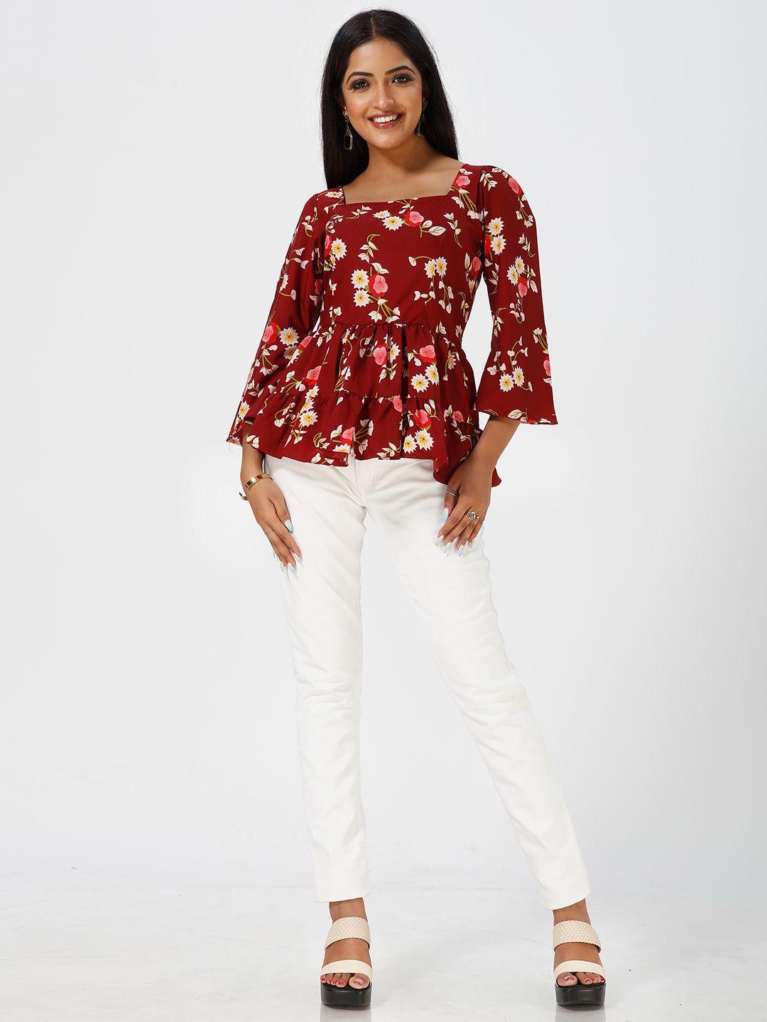 mrutbaa floral printed square neck flared sleeves gathered detailed peplum top