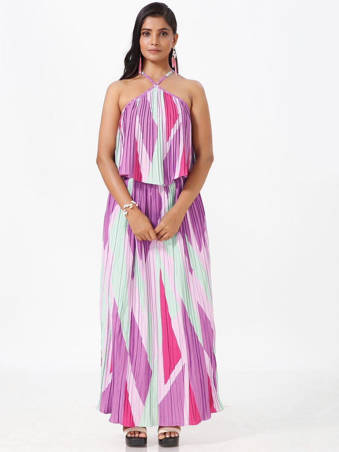 mrutbaa geometric printed pleated halter-neck crop top with skirt co-ords