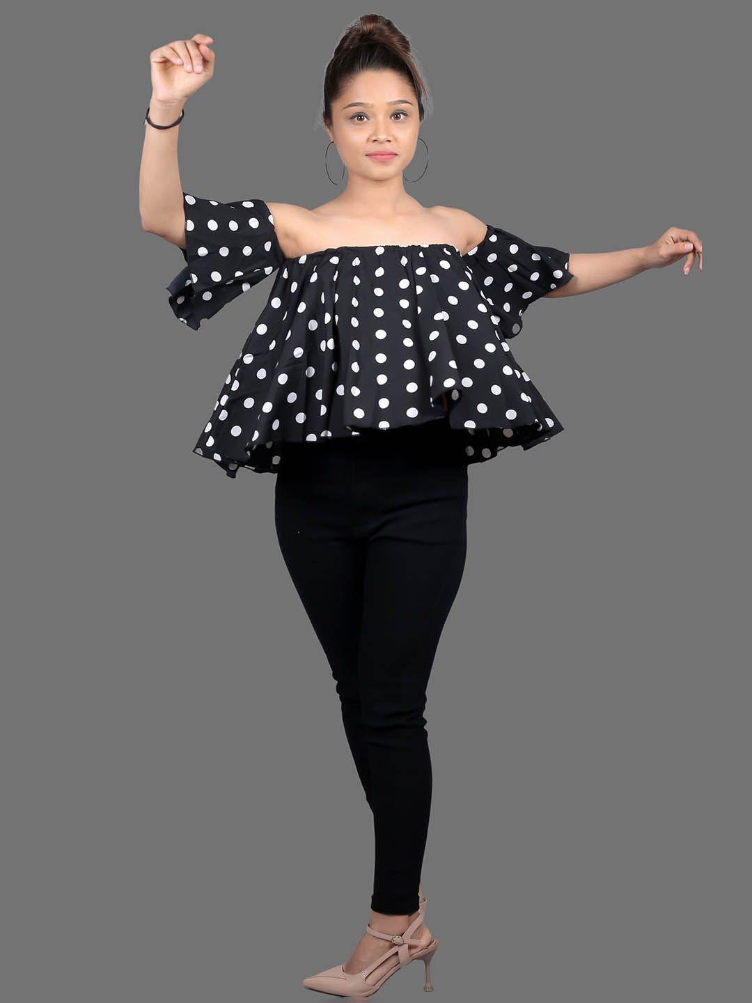 mrutbaa polka dot printed off-shoulder flared sleeves bardot top